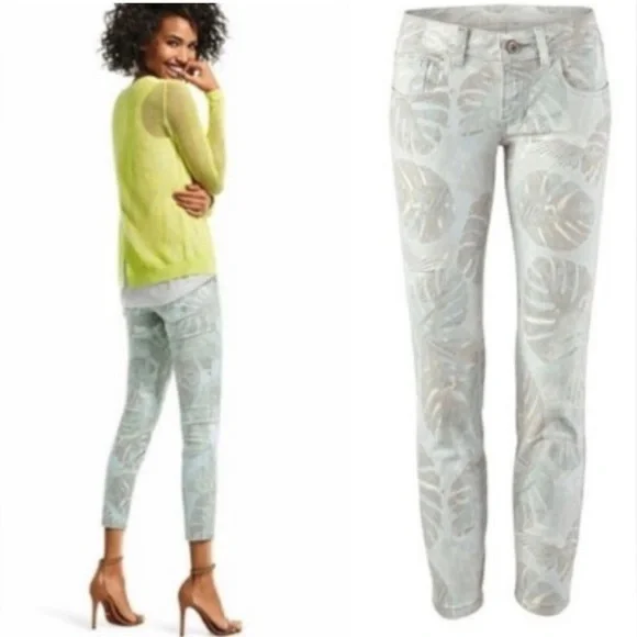 Cabi # 227 Women Size 6 Green Palm Leaf Paradise Crop Ankle Skinny Jeans, EUC - Picture 2 of 7